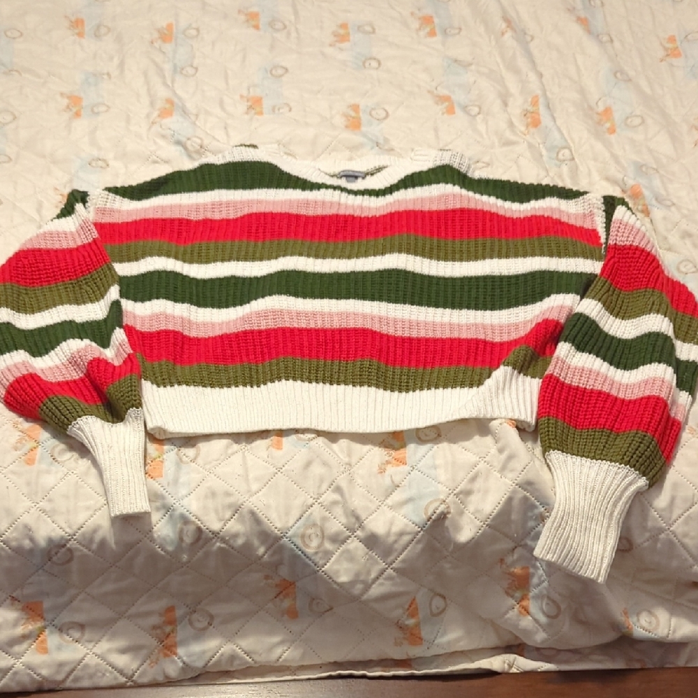 Charlotte Russe Red, Green, Pink & White Striped Crop Sweater
